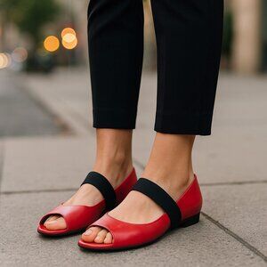 KENNETH COLE Red Mary Jane Flats 7.5 Vegan Patent Leather Peeptoe Elastic Straps